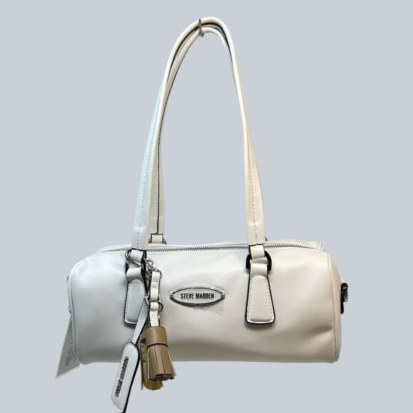 Steve Madden White Barrel Satchel Shoulder Bag Tassel Charm New With Tags - Picture 1 of 9